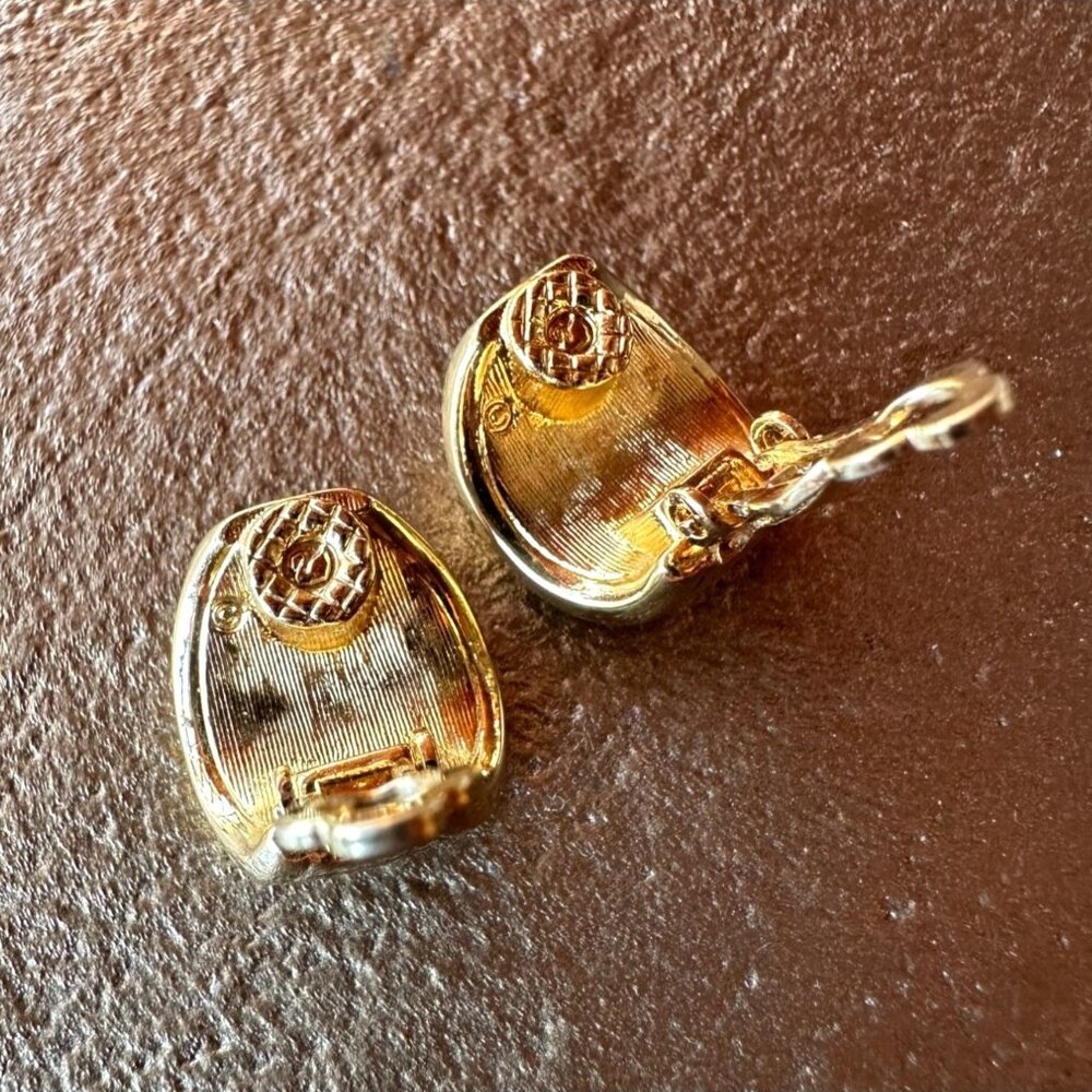 Vintage Swarovski Gold-Tone Clip-On Earrings Blue Clear Crystals Huggie Hoop - Picture 7 of 9